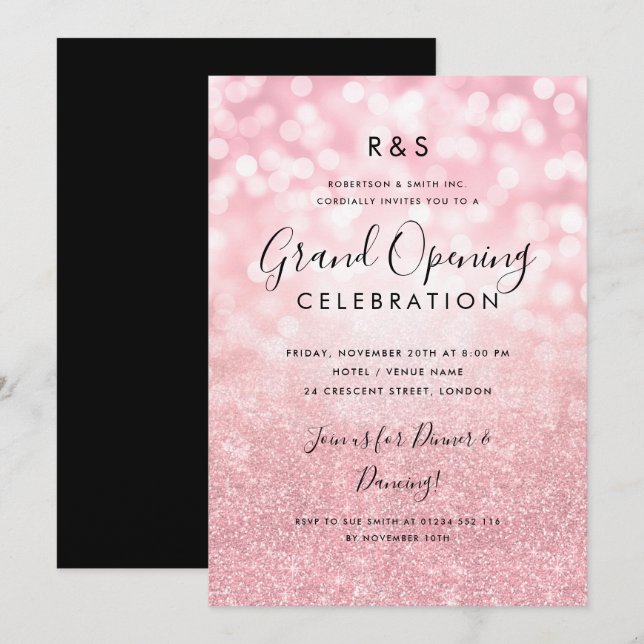 Corporate Grand Opening Rose Gold Glitter & Lights Invitation (Front/Back)
