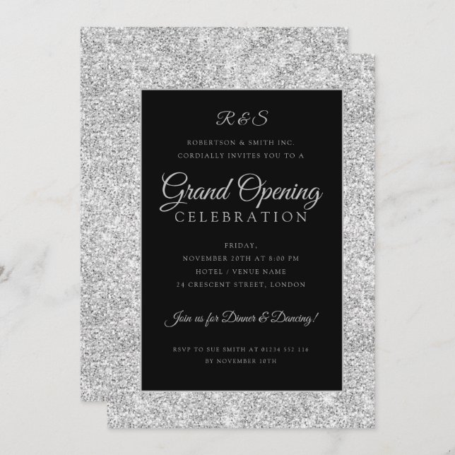 Corporate Grand Opening Silver Glitter Invitation (Front/Back)
