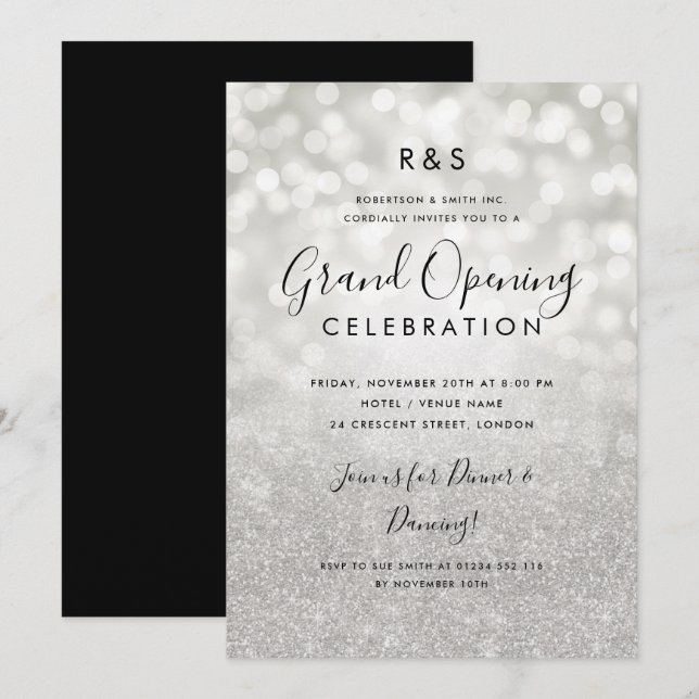 Corporate Grand Opening Silver Glitter & Lights  Invitation (Front/Back)