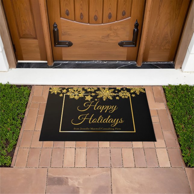 Corporate Happy Holidays Chic Black Gold Holiday Doormat (Outdoor)