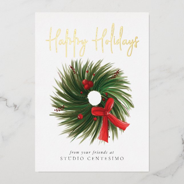 Corporate Happy Holidays Christmas Wreath Gold Foil Holiday Card (Front)