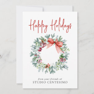 Corporate Happy Holidays Watercolor Wreath Logo Holiday Card