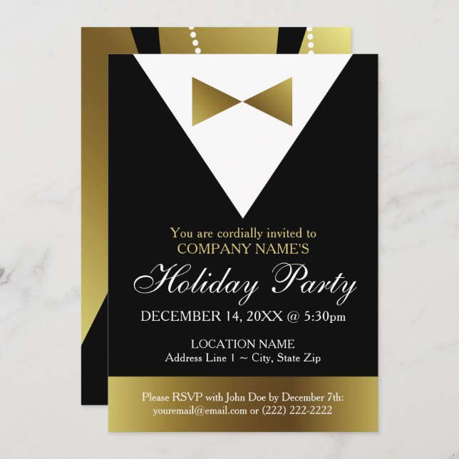 Corporate Holiday Party | Black and Gold Tuxedo Invitation (Front/Back)