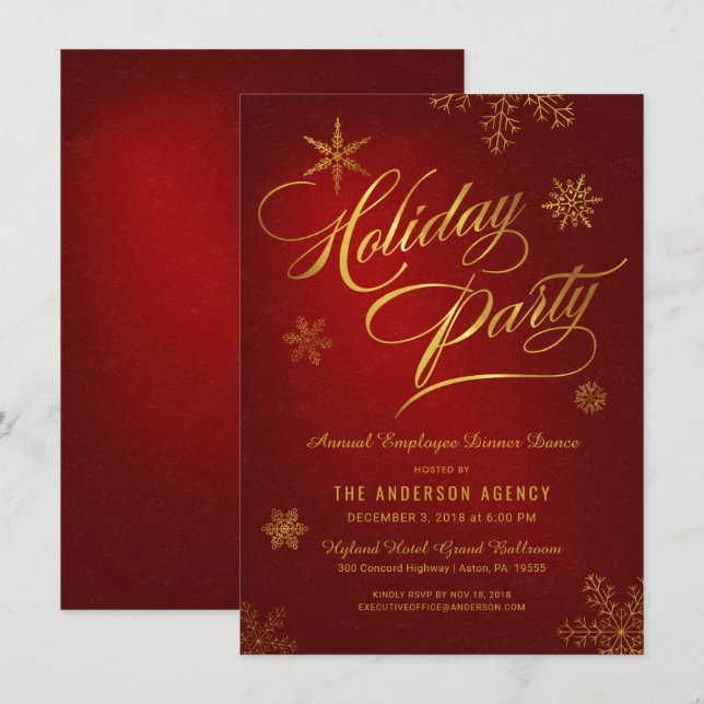 Corporate Holiday Party Elegant Gold Snowflakes Invitation (Front/Back)