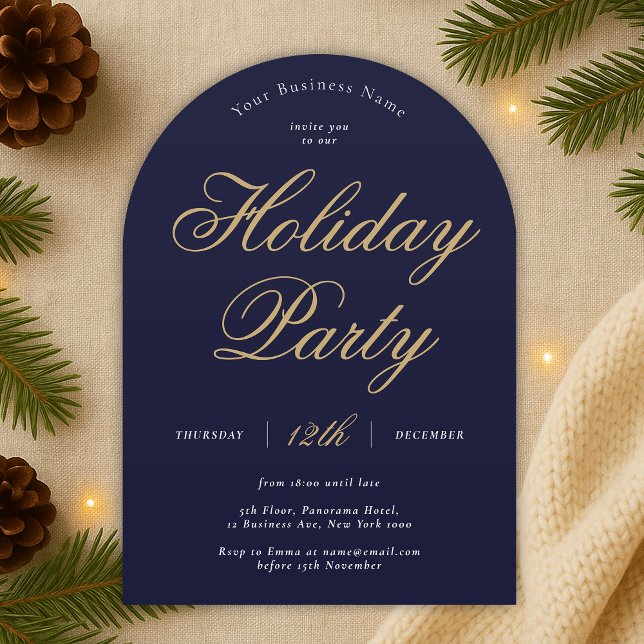 Corporate Holiday Party Navy & Gold Business Arch Invitation (Modern navy blue and hold Company Holiday Party Arch Invitation)