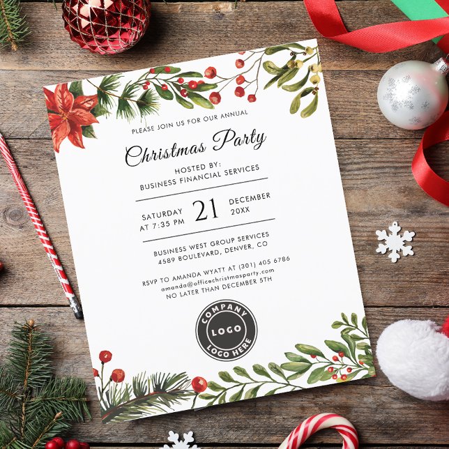 Corporate Logo Christmas Holidays Party Invitation (Business Logo Botanical Christmas Party Invitation)