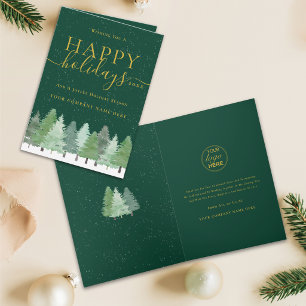 Corporate Logo Christmas Woodland Snow Green Gold Holiday Card