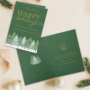 Corporate Logo Christmas Woodland Snow Green Gold Holiday Card