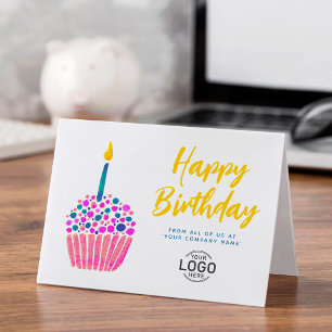 Corporate Logo Cute Pink Blue Cupcake Birthday Card