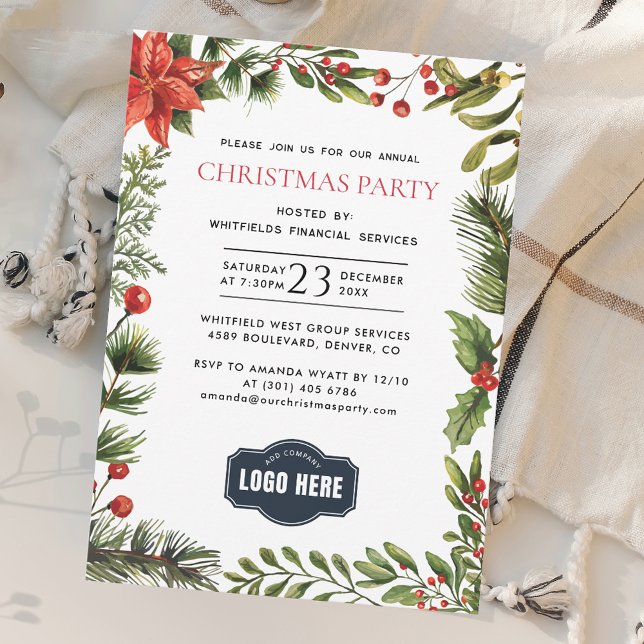 Corporate Logo Employees Christmas Party Invitation (Elegant Botanical Business Logo Christmas Holidays Party Invitation)