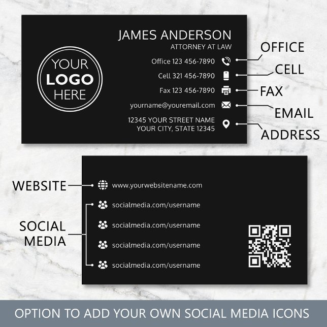 Corporate Logo Fax QR Code Professional Black Business Card (Creator Uploaded)