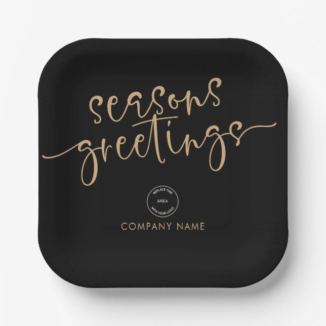 Corporate Logo Gold Black Seasons Greetings Xmas Paper Plate (Front)