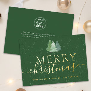 Corporate Logo Merry Christmas Trees Green Gold Foil Holiday Card
