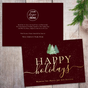 Corporate Logo Modern Christmas Trees Script Gold Foil Holiday Card