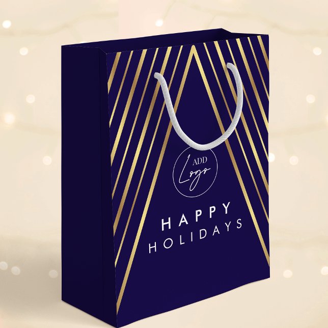 Corporate Logo Navy Gold Geometric Christmas Tree Medium Gift Bag (Elegant corporate business logo navy blue and gold effects holiday gift bag)