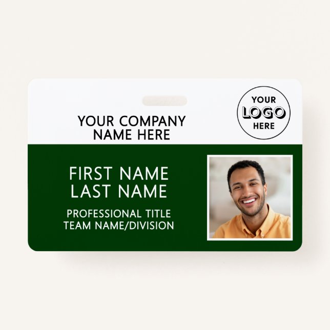 Corporate Logo Photo ID Barcode Dark Green Name ID Badge (Front)
