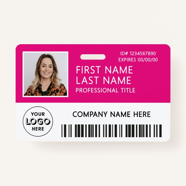 Corporate Logo Photo ID Barcode Hot Pink Name ID Badge (Front)
