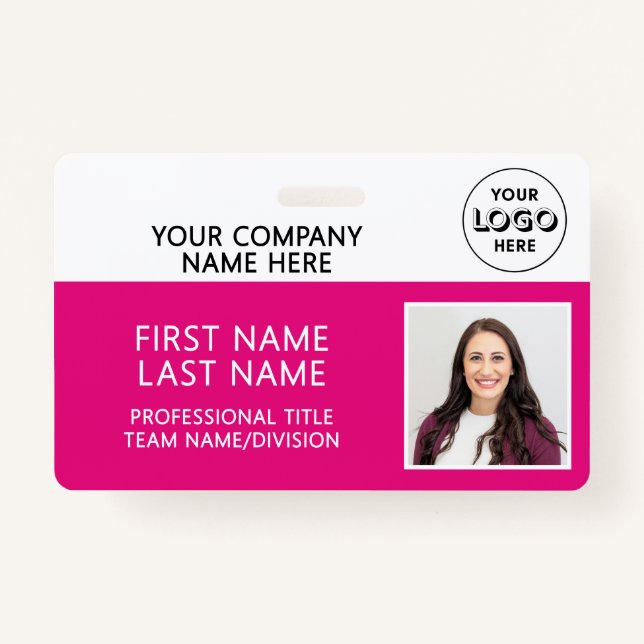 Corporate Logo Photo ID Barcode Hot Pink Name ID Badge (Front)
