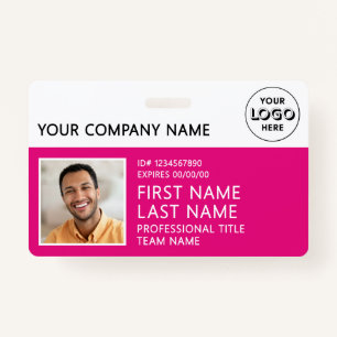 Corporate Logo Photo ID Barcode Hot Pink Name  ID Badge