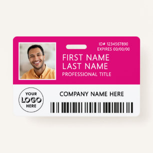 Corporate Logo Photo ID Barcode Hot Pink Name ID Badge