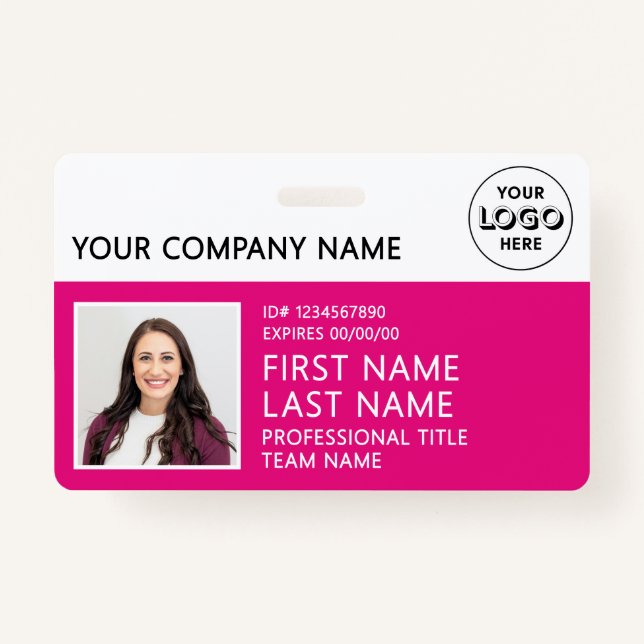 Corporate Logo Photo ID Barcode Hot Pink Name  ID Badge (Front)