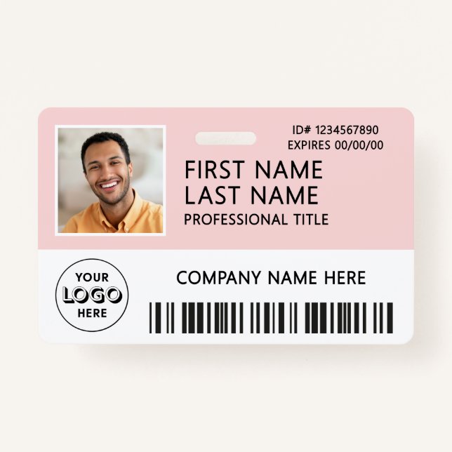 Corporate Logo Photo ID Barcode Pink ID Badge (Front)