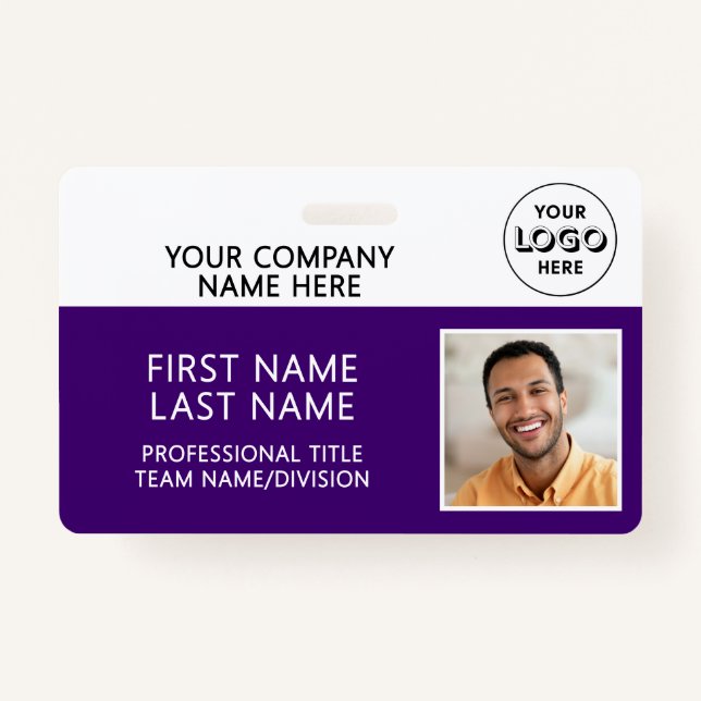 Corporate Logo Photo ID Barcode Purple Name ID Badge (Front)