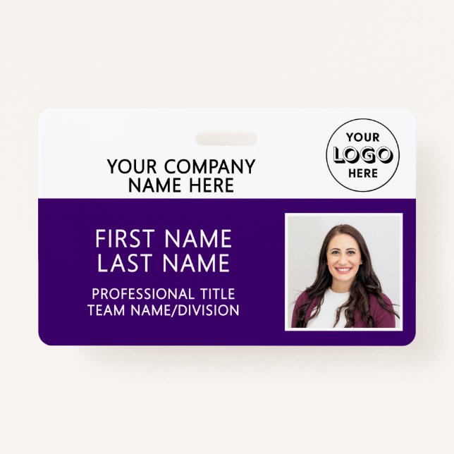 Corporate Logo Photo ID Barcode Purple Name ID Badge (Front)