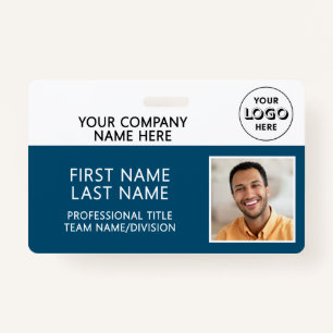 Corporate Logo Photo ID Barcode Teal Blue Name ID Badge