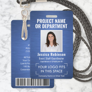Corporate Logo Photo ID QR Barcode Brushed Blue ID Badge