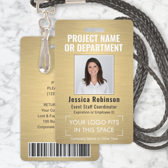 Corporate Logo Photo ID QR Barcode Brushed Gold ID Badge (Creator Uploaded)