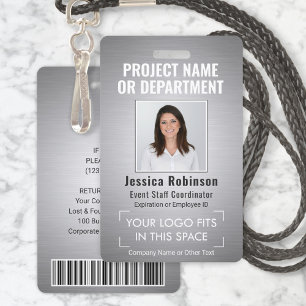 Corporate Logo Photo ID QR Barcode Brushed Silver ID Badge