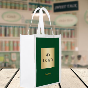 Corporate logo text emerald green reusable grocery bag