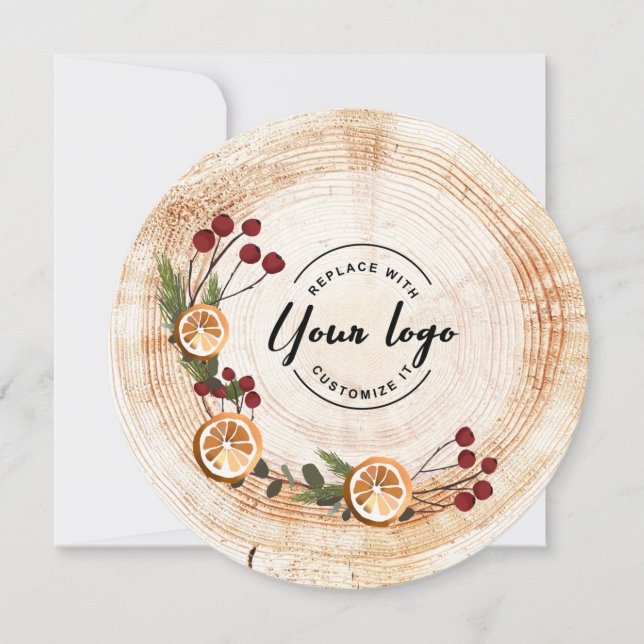 Corporate Logo Wood Tree bark Christmas Holly Holiday Card (Front)
