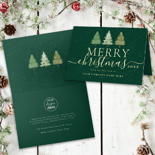 Corporate Merry Christmas Trees Business Logo Gold Foil Holiday Card
