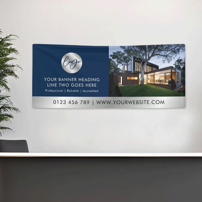 Corporate Navy Blue & Silver Logo Business Photo Banner (Business navy & silver logo marketing photo banner *mockup background photo is Ai generated)