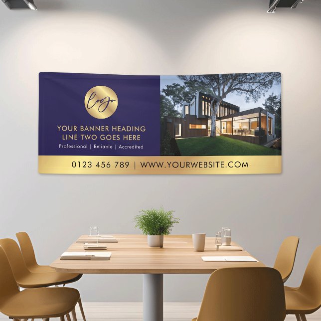 Corporate Navy & Gold Logo Advert Business Photo Banner (Elegant business navy & gold logo promotional photo banner *mockup background photo is Ai generated)