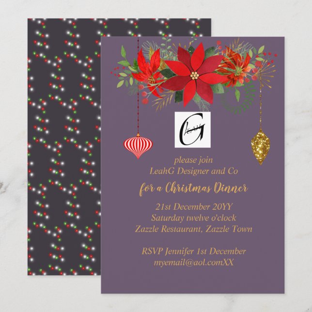 Corporate Poinsettia Christmas Mauve Gold ADD LOGO Invitation (Front/Back)