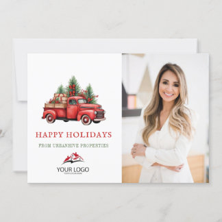 Corporate Red Christmas Truck Real Estate Photo Holiday Card