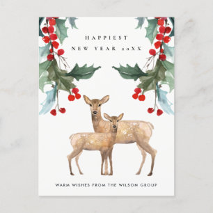 CORPORATE RED GREEN HOLLY BERRY DEER DUO NEW YEAR HOLIDAY POSTCARD