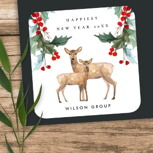 CORPORATE RED GREEN HOLLY BERRY DEER DUO NEW YEAR SQUARE STICKER