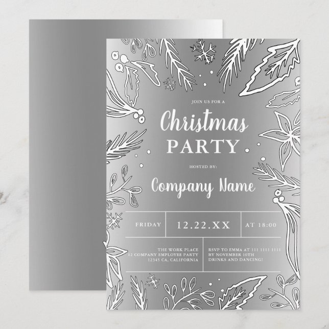 Corporate silver metallic Christmas party Invitation (Front/Back)