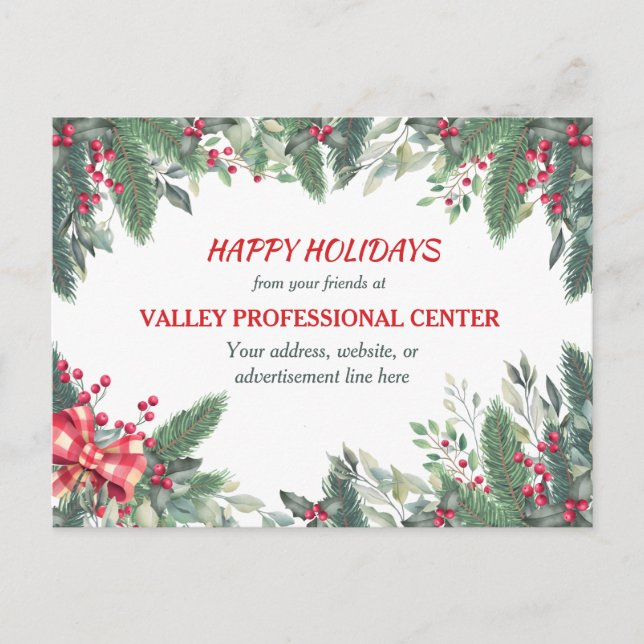 Corporate Use Evergreen Berry Bow Christmas Postcard (Front)