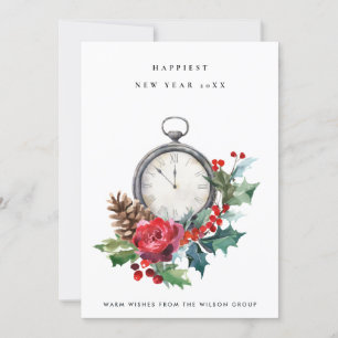 CORPORATE VINTAGE RED  HOLLY BERRY NEW YEAR CLOCK HOLIDAY CARD