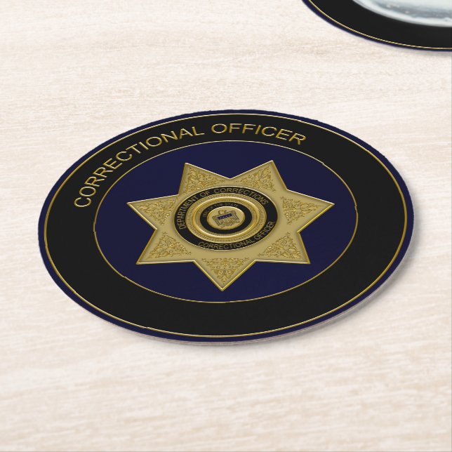Correctional Officer Badge, Gold-2-Round Coasters (Angled)