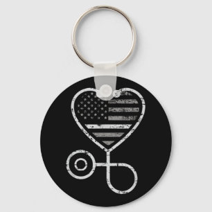 Corrections Nurse Thin Grey Line Heart US Flag Key Ring