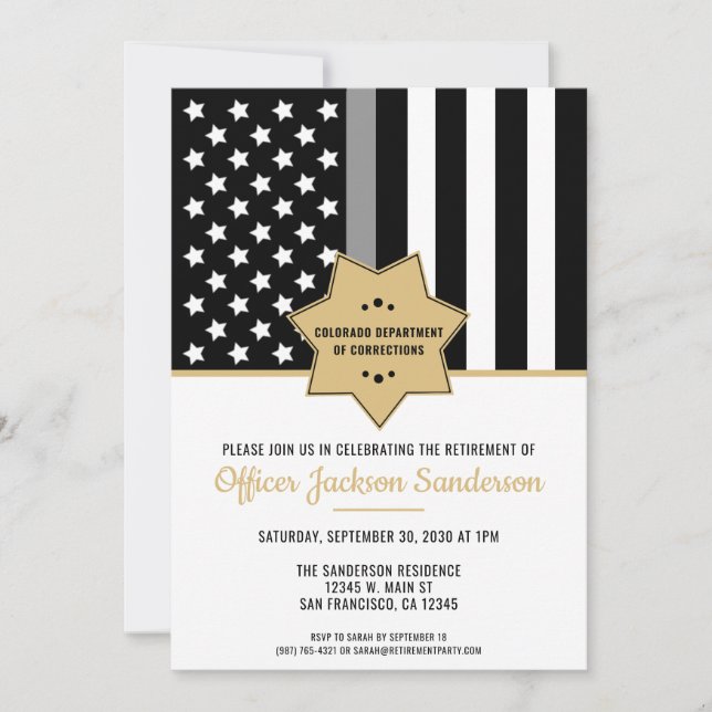 Corrections Officer Retirement Thin Silver Line Invitation (Front)