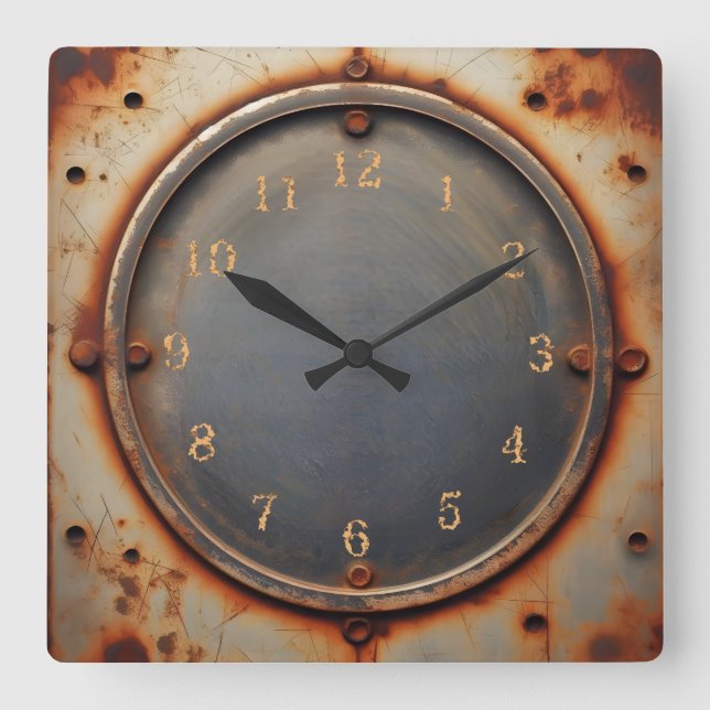 corroded steel circle square wall clock (Front)