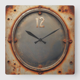 corroded steel square wall clock