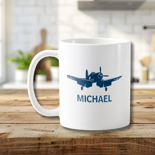 Corsair Vintage Aeroplane Blue Custom Pilot Name  Coffee Mug